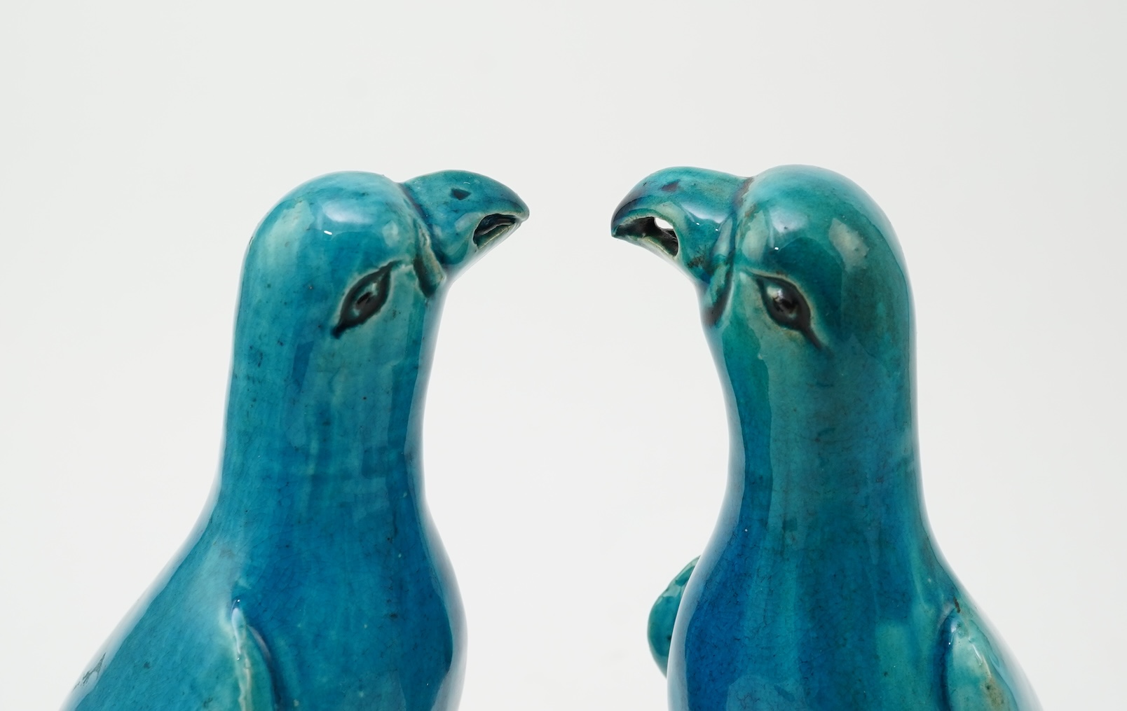 A pair of Chinese turquoise glazed models of parrots, 18th century